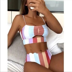 Color Block High Waist Scallop Bikini Set | Striped Two Piece Swimsuit